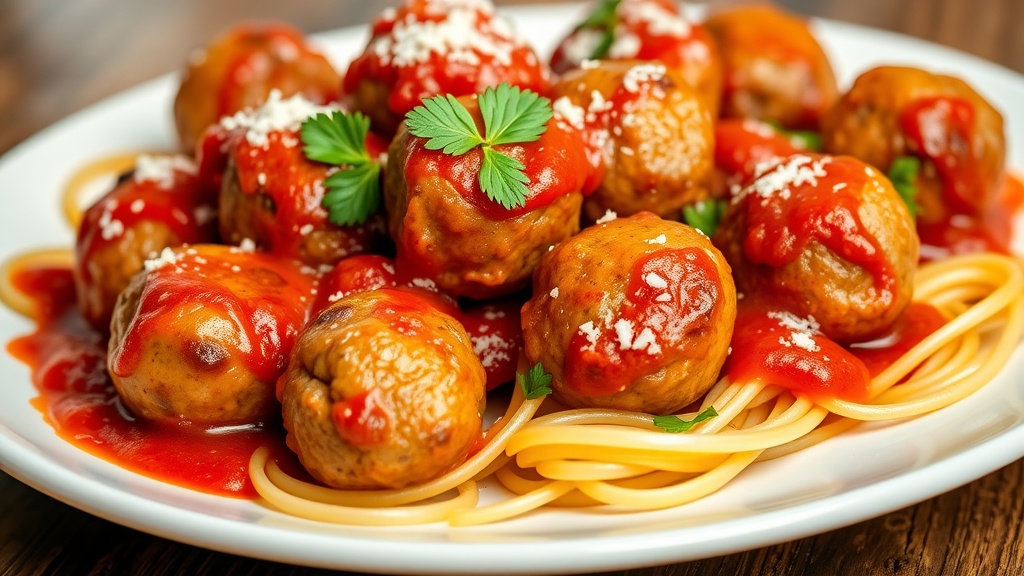 Savory Homemade Beef Meatballs Recipe Delicious beef meatballs in tomato sauce, garnished with parsley, served with spaghetti and Parmesan.
